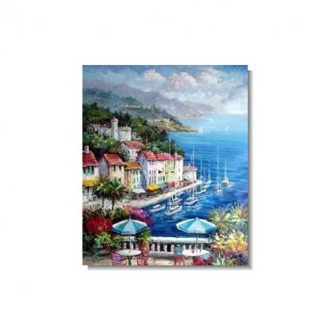 100% Hand-Paint Italian Mediterranean Townscape Impressionist Landscape Oil Painting Canvas Art