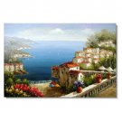 100% Hand-Paint Italian Ocean Beach Town Seascape Impressionist Landscape Oil Painting Canvas