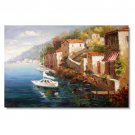 Italian Ocean Resort Boats Homes Impressionist Landscape Oil Painting Canvas Art High Quality