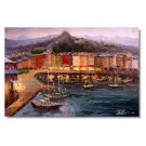 Italian Waterfront Docks Boats Shops Impressionist Landscape Oil Painting Canvas Art High
