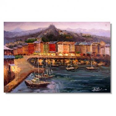 Italian Waterfront Docks Boats Shops Impressionist Landscape Oil Painting Canvas Art High