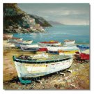 Mediterranean Beach Boats Impressionist Landscape Oil Painting Canvas Art High Quality Home &