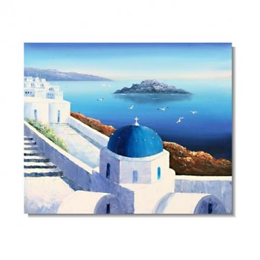 Mediterranean Blue Church Impressionist Landscape Oil Painting Canvas Art High Quality Home &
