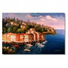 100% Hand-Paint Mediterranean Boat Harbor Town Ocean Impressionist Landscape Oil Painting Canvas