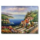 100% Hand-Paint Mediterranean Garden by Ocean Impressionist Landscape Oil Painting Canvas Art