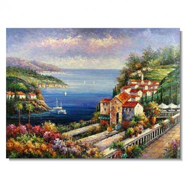 100% Hand-Paint Mediterranean Garden by Ocean Impressionist Landscape Oil Painting Canvas Art