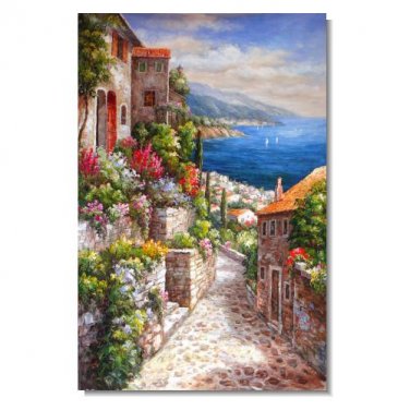 Mediterranean Old Street in Spring Flowers 3 Impressionist Landscape Oil Painting Canvas Art