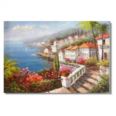 Mediterranean Sea Town in Spring Flowers Impressionist Landscape Oil Painting Canvas Art High