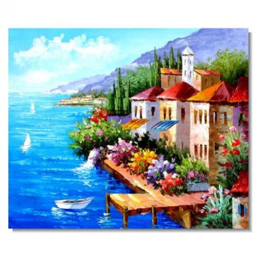 100% Handmade Mediterranean Seashore Flower Shops Impressionist Landscape Oil Painting Canvas