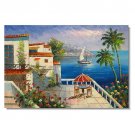 Mediterranean Seashore with Palms Small Town Impressionist Landscape Oil Painting Canvas Art