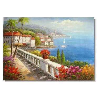 Mediterranean Town with Flowers and Palms Impressionist Landscape Oil Painting Canvas Art High