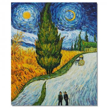 100% Hand-Paint Road with Cypress and Star Vincent van Gogh Oil Painting Reproduction Hand