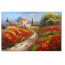 Flower Field Landscape Oil Painting Italian Tuscany Landscape Poppy Field Vineyard-002 High