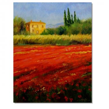 Flower Field Landscape Oil Painting Italian Tuscany Landscape Poppy Field Vineyard-012 High