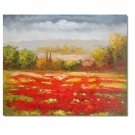 Flower Field Landscape Oil Painting Italian Tuscany Landscape Poppy Field Vineyard-031 High