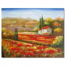 Flower Field Landscape Oil Painting Italian Tuscany Landscape Poppy Field Vineyard-034 High