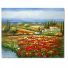 Flower Field Landscape Oil Painting Italian Tuscany Landscape Poppy Field Vineyard-035 High