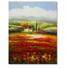 Flower Field Landscape Oil Painting Italian Tuscany Landscape Poppy Field Vineyard-047 High