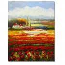 Flower Field Landscape Oil Painting Italian Tuscany Landscape Poppy Field Vineyard-049 High