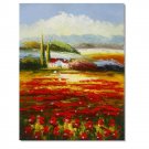 Flower Field Landscape Oil Painting Italian Tuscany Landscape Poppy Field Vineyard-052 High