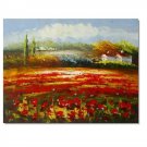 Flower Field Landscape Oil Painting Italian Tuscany Landscape Poppy Field Vineyard-055 High