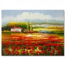 Flower Field Landscape Oil Painting Italian Tuscany Landscape Poppy Field Vineyard-057 High