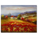 Flower Field Landscape Oil Painting Italian Tuscany Landscape Poppy Field Vineyard-065 High
