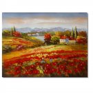Flower Field Landscape Oil Painting Italian Tuscany Landscape Poppy Field Vineyard-066 High