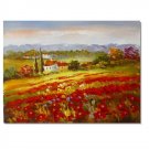 Flower Field Landscape Oil Painting Italian Tuscany Landscape Poppy Field Vineyard-067 High