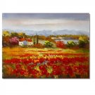Flower Field Landscape Oil Painting Italian Tuscany Landscape Poppy Field Vineyard-068 High