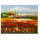 Flower Field Landscape Oil Painting Italian Tuscany Landscape Poppy Field Vineyard-069 High