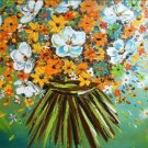 100% Handmade Autumn Wild Flower Bouque in a Green Background Painting on Canvas Hand Painted