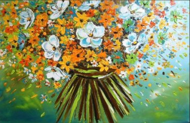 100% Handmade Autumn Wild Flower Bouque in a Green Background Painting on Canvas Hand Painted