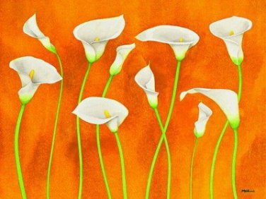 Lilics in a Orange Background Painting on Canvas Hand Painted High Quality Wall Art for Home Decor
