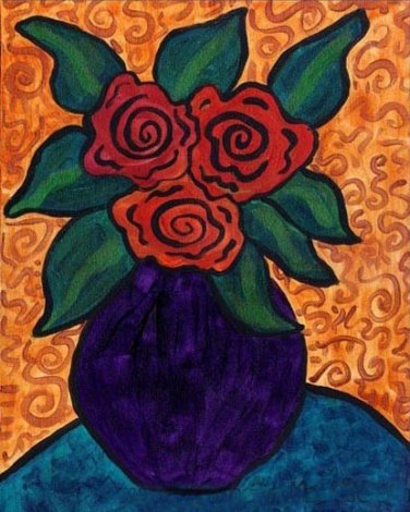 Purple Vase with Three Red Roses Painting on Canvas Hand Painted High Quality Wall Art for Home
