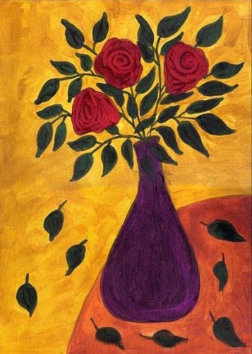 100% Hand-Paint Three Red Roses in a Green Bottle Painting on Canvas Hand Painted High Quality