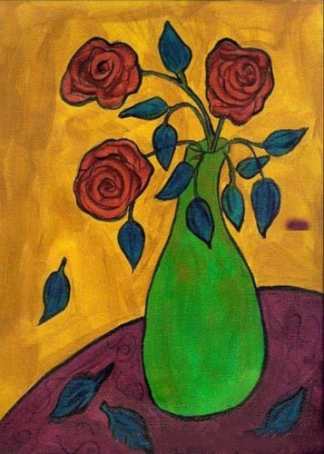 Three Red Roses in a Purple Bottle Painting on Canvas Hand Painted High Quality Wall Art for