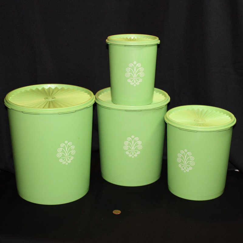 Set of 4 Vintage Tupperware Apple Green Servalier Canisters with Sunburst  Lids