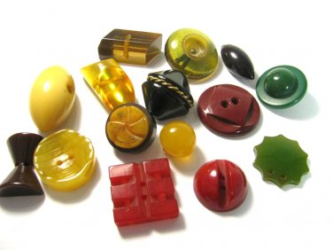 Vintage Bakelite Button Lot 15 Football Round Square Carved Bow Black Green Red Yellow Stacked