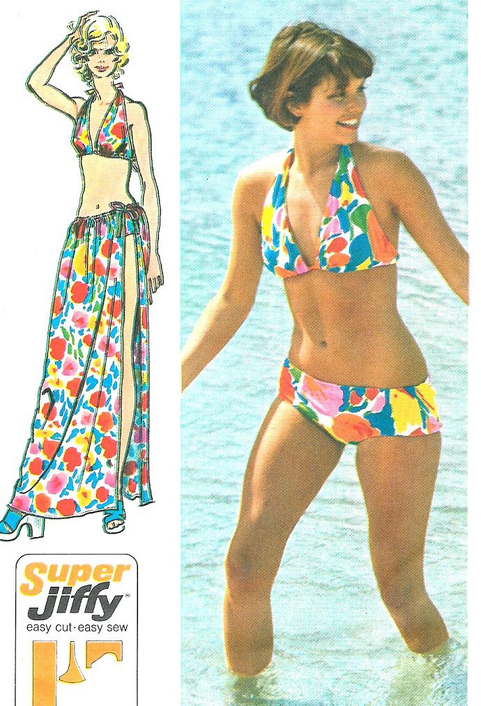 Halter Top, Wrap Skirt & Bikini Swimsuit Sewing Pattern / 70s Vintage /  Women's Size Petite, Bust 30 1/2 31 1/2 / Simplicity 8064 