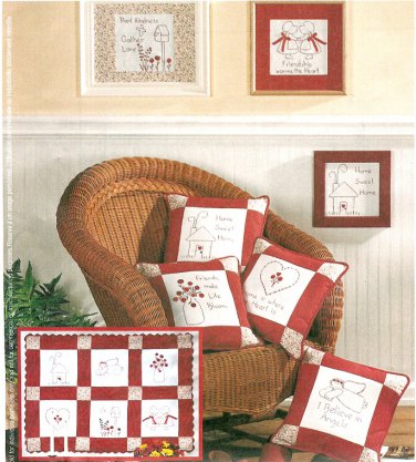 Redwork Craft Sewing Pattern Quilt Pillows Wall Hanging Embroidery Angel Girl House 3554