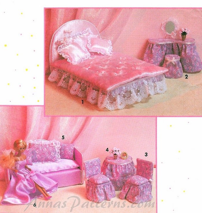 Barbie Doll Furniture Sewing Pattern Bed Bedding Table Chairs Vanity Loveseat 8158