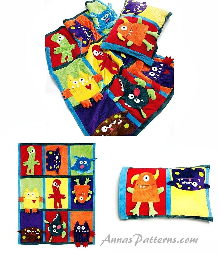 Monster Theme Child Quilt Blanket Pillow Sewing Pattern Nap Throw