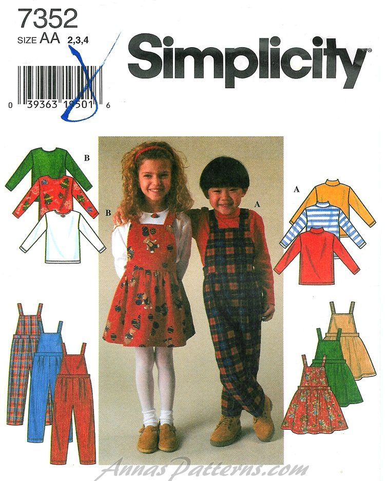 Easy Jumper Dress Overalls Top Sewing Pattern Boy Girl Toddler 2 3 4 7352