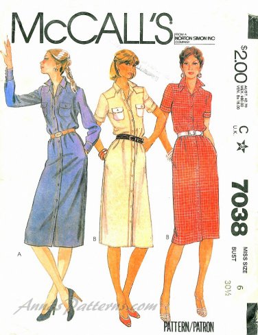 Misses Shirt Dress Sewing Pattern Vintage Button Snap Front Long Short  Sleeve Yokes 6 7038