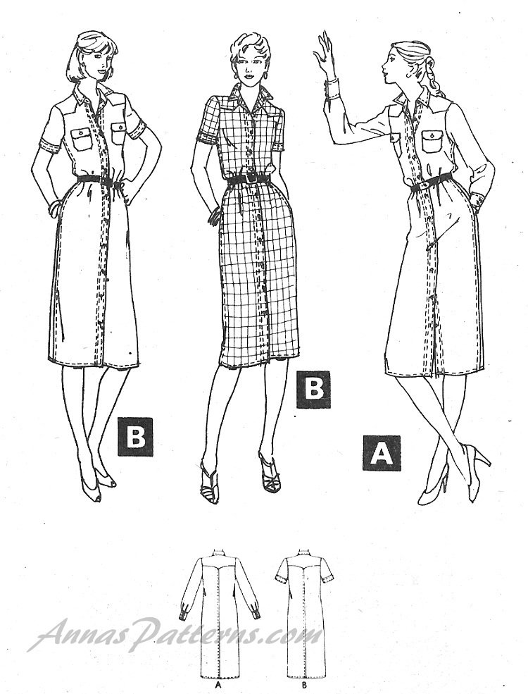 Misses Shirt Dress Sewing Pattern Vintage Button Snap Front Long Short