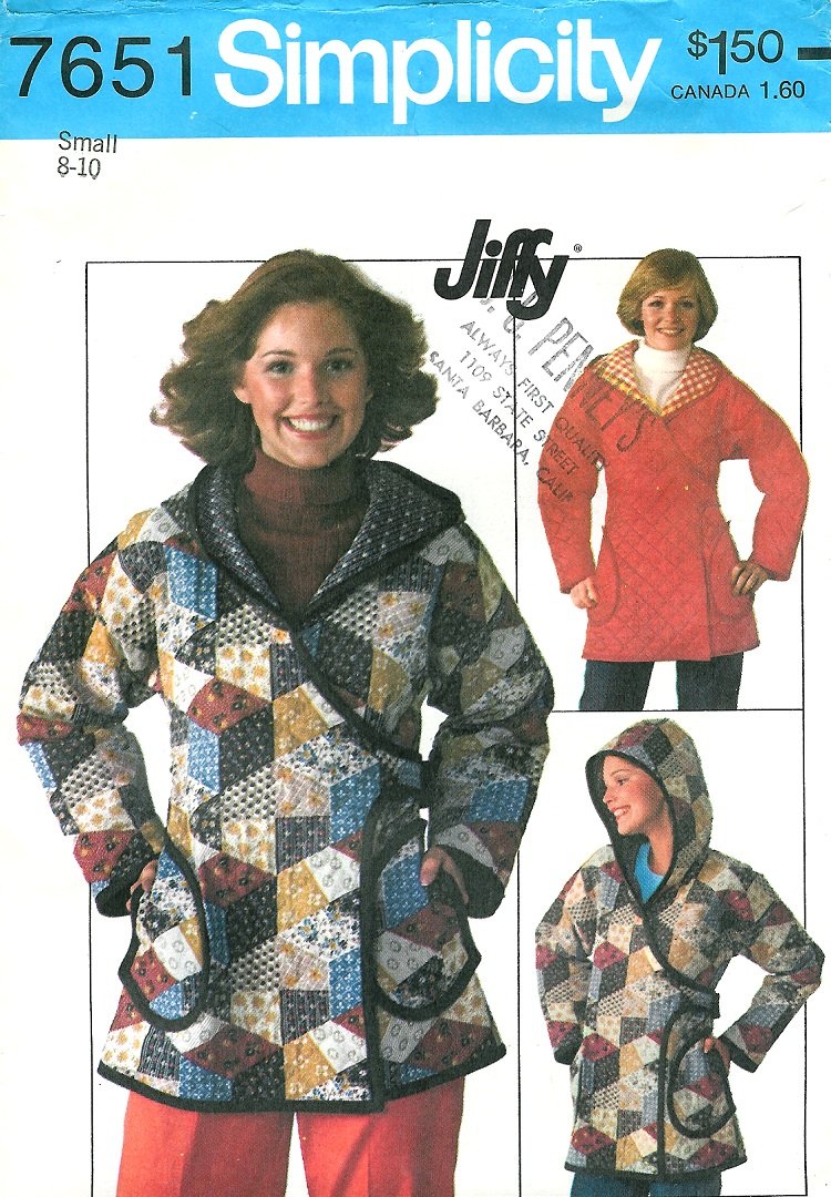 Quilted Jacket Coat Sewing Pattern Vintage Hooded Easy Retro Mod 70s 8/