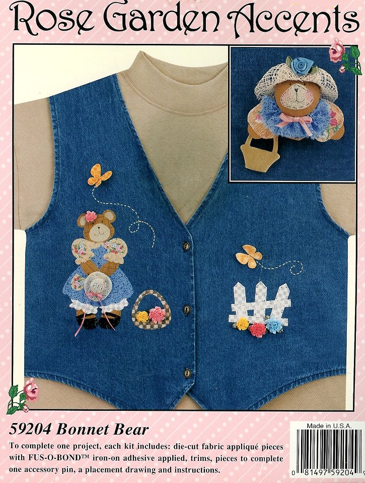 Bonnet Teddy Bear Applique Kit Pin Garden Fence Hat Butterfly Flowers Rose Basket