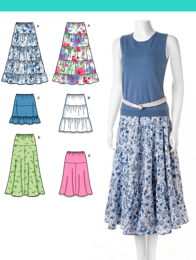 Skirt Sewing Pattern Design Easy Tiered Flared 3 Lengths Pull On ...