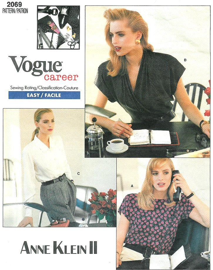 Anne Klein Vogue Sew Pattern 6-10 Fashion Blouse Wrap Front Button Loose Pullover Vintage Easy 2069